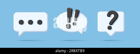 Speech, communication, dialogue bubbles - 3d render rounded icon set. White shapes with text symbols Stock Vector