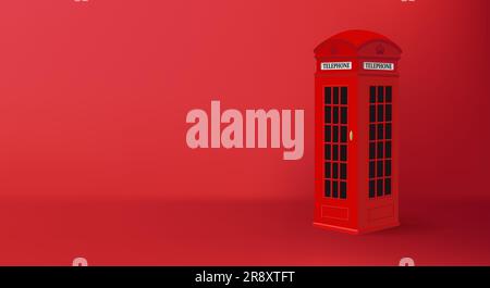 Illustration of a telephone box, 3d render classic booth, traditional turistic attraction in London, on red backdrop Stock Vector