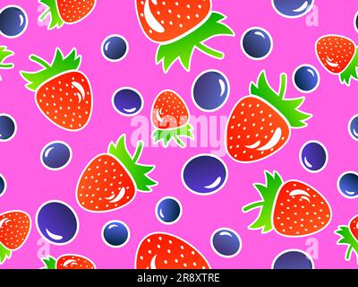 Strawberries and blueberries seamless pattern. Blueberries and strawberries in 3d style with gradient colors, summer berry mix on a pink background. D Stock Vector