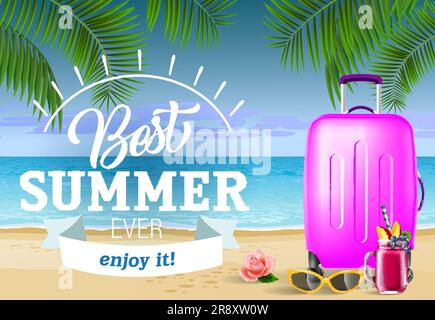 Best summer ever lettering with sea beach and suitcase Stock Vector