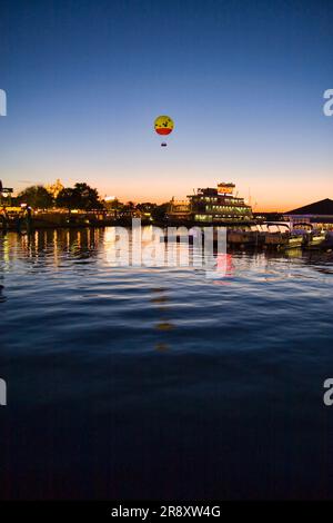 Hot air balloon floats above Downtown Disney in Orlando, Florida. Stock Photo