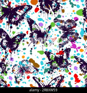 Seamless pattern of black butterflies and colored dots on a white background. Vector illustration Stock Vector