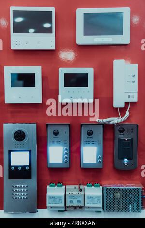Modern shops with equipment for the protection agency. Security cameras, intercoms and many other equipment for the protection of houses, vehicles or Stock Photo