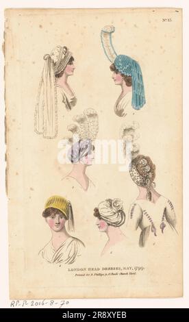 Magazine of Female Fashions of London and Paris, No. 15: London Head Dresses, May, 1799, 1799. Fashionable English headwear for women. Stock Photo