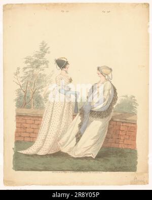 Gallery of Fashion, 1801. Two women in empire line dresses. Stock Photo