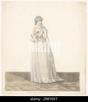 Gallery of Fashion, 1800. Standing young woman with blue veil. Stock Photo