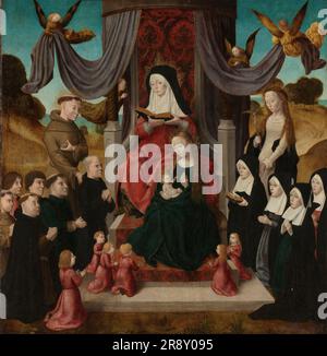 Virgin and Child with Saint Anne and Saints Francis and Lidwina, with Donors (Anna Selbdritt), c.1490-c.1500. St Anne is seated on a high throne beneath a canopy in a landscape, with her daughter Mary and grandson Jesus at her feet. Hanging behind them is a brocade cloth. The curtains of the canopy are held aloft by angels. Members of an unidentified family are kneeling on either side of the throne. On the left is the father, who is being presented by St Francis displaying the wound in his side, and his five sons, several of whom are monks or friars. On the right is the mother with St Lidwina Stock Photo