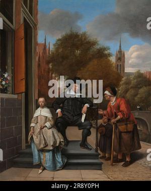 Adolf and Catharina Croeser, Known as &#x2018;The Burgomaster of Delft and his Daughter&#x2019;, 1655. Legs spread, hand on hip, Croeser sits comfortably on the stoop of his house on Oude Delft in Delft. His 13-year-old daughter Catharina is looking directly at us. Jan Steen added a narrative element to the portrait: paupers asking the wealthy grain merchant for alms. Two years later, in 1657, Croeser acted as guarantor for Steen, who was then deeply in debt. Stock Photo