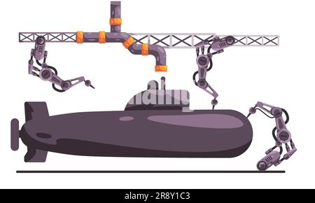 Submarine marine vehicle mechanical arm robotic line production manufacturing process automation Stock Vector