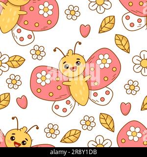 Cute seamless pattern with butterfly and flowers on white background. Groovy retro vector Illustration for kids collection, wallpaper, design, textile Stock Vector