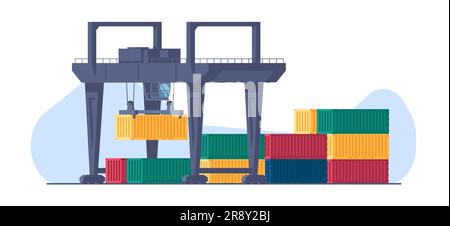 Harbor crane hook moves cargo containers. Freight port terminal. Marine transport unloading. Industrial equipment. Loader machinery. Hook lifting heav Stock Vector
