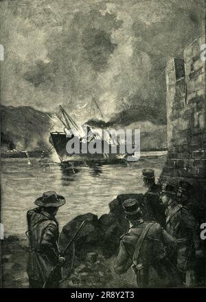 'The Spanish-American War: The Sinking of the Merrimac', 1898, (c1900). 'It was determined to block the narrow entrance of Santiago harbour [in Cuba], and an old American collier steamer, the Merrimac, commanded by Lieutenant Hobson, and manned by six men of the U.S. Navy, was ordered to enter the narrow channel and there sink. Starting like a ghost in the dark night, Hobson steered his ship into the channel. And, despite a tempest of shot and shell poured on him as soon as his presence was discovered, sank her. He and his gallant crew took to the water, but were captured by the Spaniards...' Stock Photo