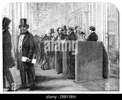 The Division Lobby, House of Commons: Taking the Votes, 1857. '...the recording of the votes of members of the House decides every question of policy and administration...a two-minute glass is turned by one of the clerks in order to give time to members dispersed all over the purlieus of the House...to come in, and notice is given to them by the ringing of bells all over the building, which is effected simultaneously by means of electricity...The Speaker...then gives the direction, &quot;The 'ayes' to the right, the 'noes' to the left,&quot; and the former file out of the door at the back of t Stock Photo