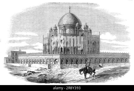 Near Delhi: Tomb of the Emperor Humayon, where the Two Sons and Grandson of the King of Delhi were Concealed, 1857. 'The tomb...is thus described by Thornton: '...south of Delhi is the tomb of Humayon, the Emperor, who, after being driven from his kingdom, succeeded in reestablishing the Mogul dynasty on the throne of Delhi. It stands in the middle of a platform...ascended by four great flights of stone steps...The mausoleum...is a noble building, of a square form, constructed of red stone, inlaid with marble, and surmounted by a large dome of the latter material, the style of architecture app Stock Photo