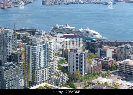 Cruise Liner docked in Seattle from the Space Needle looking east, Seattle, Washington, USA Stock Photo