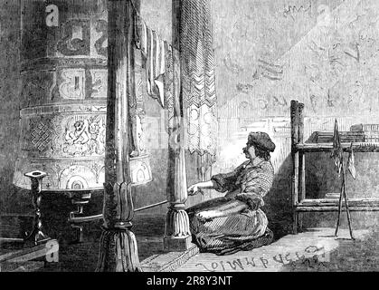 &quot;Prayer Wheel&quot; in Cashmere, 1857. '...the interior of a Lama Temple, with a prayer-wheel at work. These wheels are about ten feet high by eight or ten in diameter, made of large rolls of cloth, on which the Lama faith is written, and inclosed in a wooden case painted all over with facetious and not very correct representations of gods, devils, &amp;c. They turn on a pivot, and are pulled round by a strap in the manner represented; the Lamas fancying themselves on the high road to heaven all the time, pulling day and night, and not having time in consequence to wash'. From &quot;Illus Stock Photo