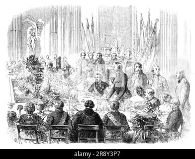 Banquet to Her Majesty's Ministers at the Mansion House, 1857. '...the Lord Mayor entertained [future British prime minister] Lord Palmerston in the Egyptian Hall...The company included his Excellency Ferouk Khan (the Persian Plenipotentiary) and suite...whose Oriental aspect and picturesque appointments made them objects of peculiar interest...Upon the right of the Lord Mayor are seated Viscountess Palmerston, the Turkish Ambassador, the Persian Ambassador, and Captain Lynch. Upon the left of the Lord Mayor are seated the Lady Mayoress, the French Ambassador, the Countess of Clarendon, Madame Stock Photo
