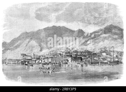 Hong-Kong: Central Portion of the Town of Victoria, 1857. General view showing '...the central part of the town of Victoria, lying at the base of the lofty hills. The town was founded in 1841; and within two years, from a tent pitched for the Government residence, it became a large assemblage of stores, forts, wide streets, bazaars, and markets, and several public buildings'. The city of Victoria, also known as Victoria City, was the de facto capital of Hong Kong during its time as a British dependent territory. From &quot;Illustrated London News&quot;, 1857. Stock Photo