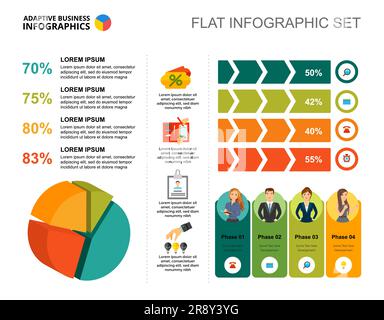 Four phases pie and percentage charts template for presentation Stock Vector