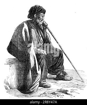 The Desert Route - Christian of Nazareth, 1857. '...a wearied old pilgrim, a native of Nazareth...one whose grey and venerable beard proclaims him but a sojourner for a few fleeting hours in this world of sorrow. The old man may well be proud of his citizenship. Abou Moossa proudly proclaims himself from Nazareth, but poverty had many years since scared him away from his beloved native village, and Beyrout has since been his home, and will eventually be his Iong resting-place. The old man has grown blind with age, but he loves of a fine warm evening to be led forth to the roadside, where, seat Stock Photo