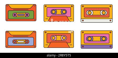 Set of trendy hipster retro music elements. Collection stickers of groovy retrowave clipart. Collage with trend pop vibe with funky design element. ba Stock Vector