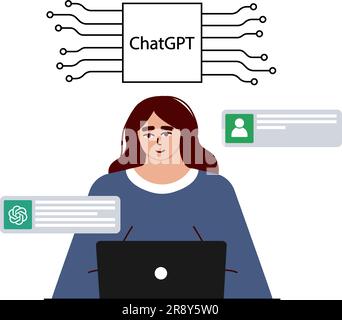 A person uses an artifical chatbot system assistant on a laptop. A woman works, communicates. computer with artificial in Stock Vector