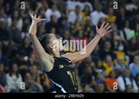 ANTALYA, TURKIYE - DECEMBER 17, 2022: Gabriela Guimaraes serves during Vakifbank vs Eczacibasi Dynavit FIVB Volleyball Womens Club World Championship Stock Photo