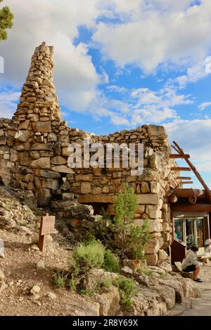 The Hermit's Rest rubble stone building at the end of the paved area of the South Rim as a rest area Hermit Road Grand Canyon Arizona USA Stock Photo