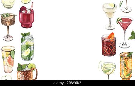 Watercolor frame, cocktail glasses: martini, gin,margarita,mojito,liquor,rum,moscow mule. Hand-drawn illustration isolated on white background Stock Photo