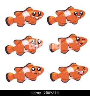 orange color clown fish animal aquatic sea life underwater with big smile angry afraid blinking eye sad and laughing expression feeling emotion Stock Vector