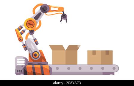 Automated warehouse inventory technology with robotic arm robot hand in conveyor handling box package delivery Stock Vector