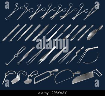 Set of surgical instruments. Tweezers, scalpels, saws, amputation knives, microsurgical forceps and clamps, abdominal spatulas, hook, needle. Scissors Stock Vector