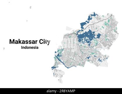 Makassar map. Detailed map of Makassar city administrative area. Cityscape panorama. Road map with highways, rivers. Royalty free vector illustration. Stock Vector