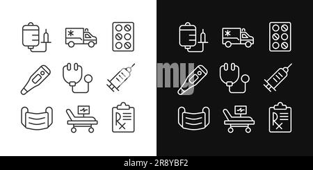 Medical equipment pixel perfect linear icons set for dark, light mode Stock Vector