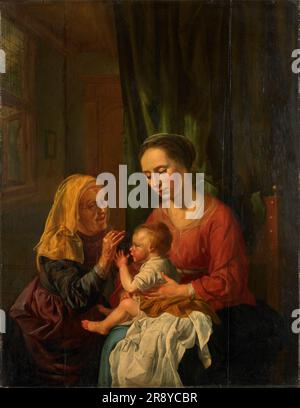 Virgin and Child with St Anne, 1630. Also known in English by its German name, Anna Selbdritt, such depictions as the present painting show three generations of the Holy Family. The bunch of grapes Anna offers the Christ Child is a Eucharistic symbol, and refers to Mary as the vine on which the grapes (Christ) grew. The figures are shown in an ordinary domestic interior. The curtain behind Mary, while not seeming out of place, functions as a rather modest cloth of honour. The mirror, with a small broom appended to it, hanging next to the window is probably a reference to Mary&#x2019;s Immacula Stock Photo