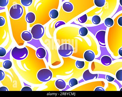 Seamless pattern with bananas, blueberries and lemons. Summer fruit and berry mix of blueberry, banana and lemon with stroke in 3d style. Design for p Stock Vector