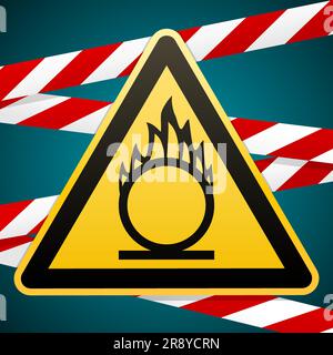 Caution oxidizer. Safety sign. Yellow triangle with black image on the background of protective tape. Signs and symbols in the industry. Vector illust Stock Vector