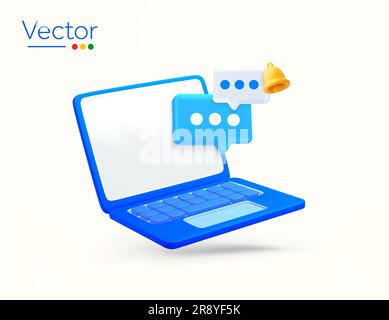 3d laptop with chat or message boxes, bubbles, notification bell, isolated on background. Design concept for social, online communication, business email, chatting room. 3d vector illustration. Vector illustration Stock Vector