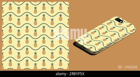 Modern smartphone in unique case decorated seamless pattern with juicy pineapple and wave lines. Harvesting tropical fruits. Isometric top view. Vecto Stock Vector