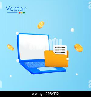 3d laptop with folder and file, floating coins, isolated on background. Design concept for computer, data, office, e-documents saving, sales. 3d vector illustration. Vector illustration Stock Vector