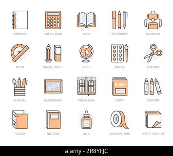 School supplies flat line icons set. Study tools - globe, calculator, book, pencil, scissors, ruler, notebook vector illustrations. Thin signs for Stock Vector