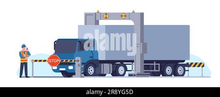 Customs inspector checks truck with state of arc X-ray scanner. Smuggling goods. Worker scanning cargo automobile. Lorry control. Freight transportati Stock Vector