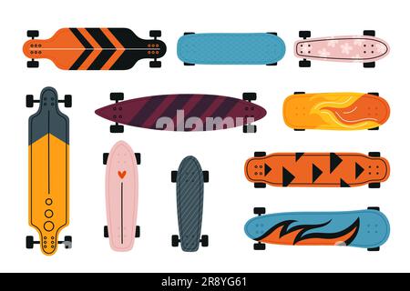 Color skateboards with wheels. Patterned longboard. Urban extreme skating culture. Sport activity. Boards for riding on asphalt or jumping. Skateboard Stock Vector