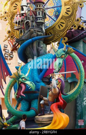 06-22-2023 Alicante, Spain.Three-headed dragon fighting with a knight at the Bonfire Jos Angel Guirao, first prize A Punt Fogueres 2023 Stock Photo