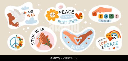 Peace and love emblems. Human hands with white dove bird. Rainbow and heart. Pacifism phrases. Different skin colors arms. Hippie symbol. Stop war and Stock Vector