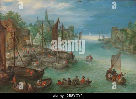 View of a City along a River, c.1630. Attributed to Jan Brueghel I. Stock Photo