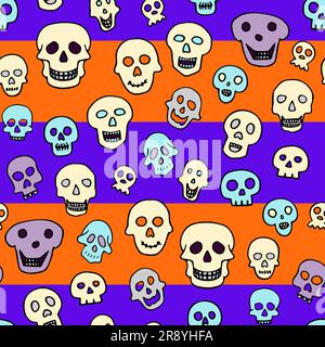 Doodle Halloween sculls seamless pattern. Color Skeleton on striped background. Hand-drawn scary cranium. Mystical sketch character. Vector illustrati Stock Vector