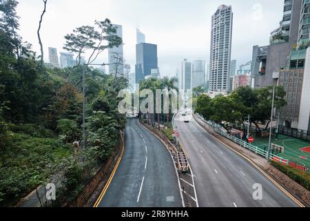 Hong Kong, China - April 24 2023: Two Road connection and high rise buildings near Hong Kong Park Stock Photo