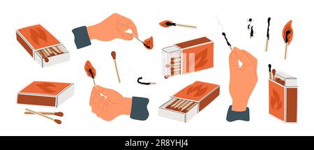 Cartoon matchsticks and open boxes. Hands lighting matches. Charred and burning. Arms holding fading wooden sticks with smoke. Head and straw Stock Vector