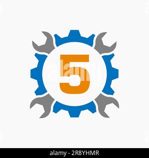 Letter 5 Repair Logo Gear Technology Symbol. Construction Service Logo Design Stock Vector